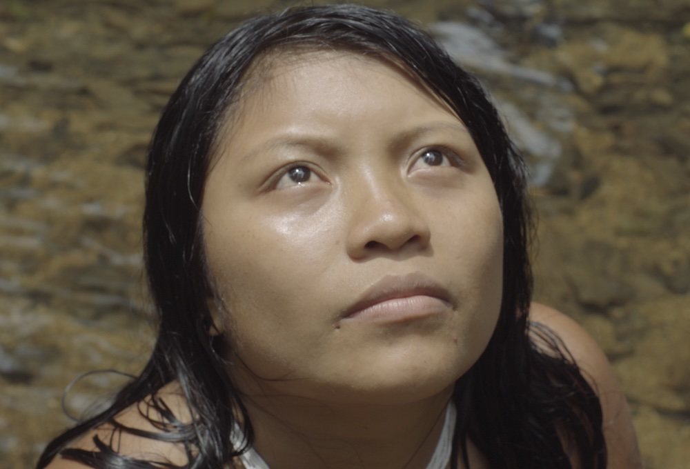 a Yanomami woman looking up to the sky