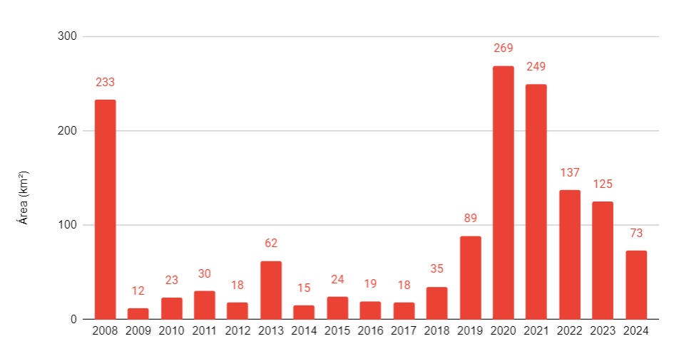 The graph displays annual deforestation in Indigenous Peoples' Lands in Brazil from 2008 to 2024. It shows variations in deforestation area measured in square kilometers (km²) across these years. Key peaks in deforestation are observed in 2020 and 2021 with 269 km² and 249 km² respectively, indicating significant loss of forest cover. Other months show lower levels of deforestation, with the least occurring in March 2024, recorded at 73 km². 