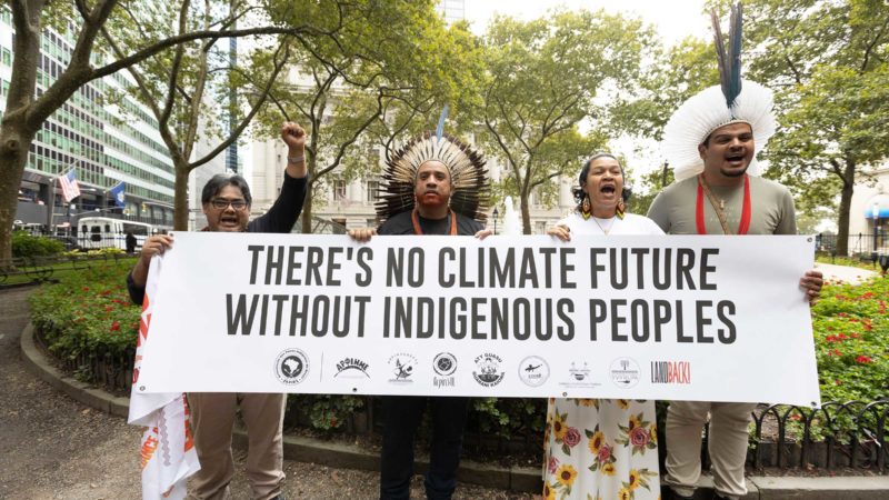 Indigenous rights' activists from the GATC marched through New York City's financial district as part of Climate Week NYC.