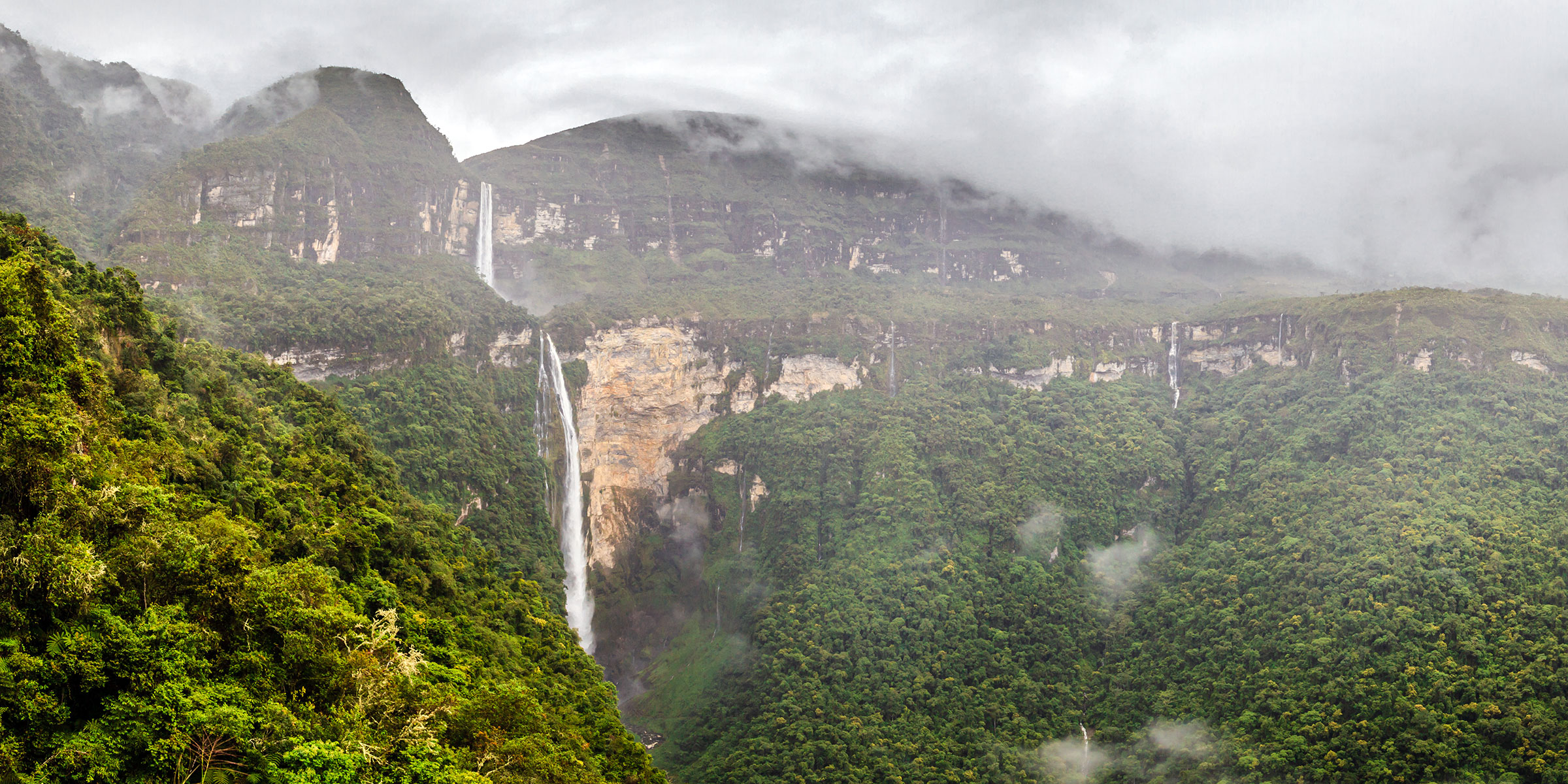 Misty mountains surrounding Gocta waterfall in the Peruvian Amazon
