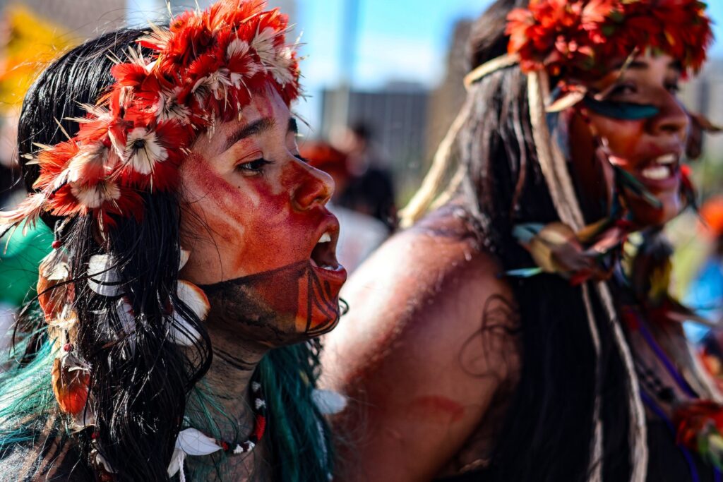 Indigenous peoples of Brazil march during the Free Land Camp 2024