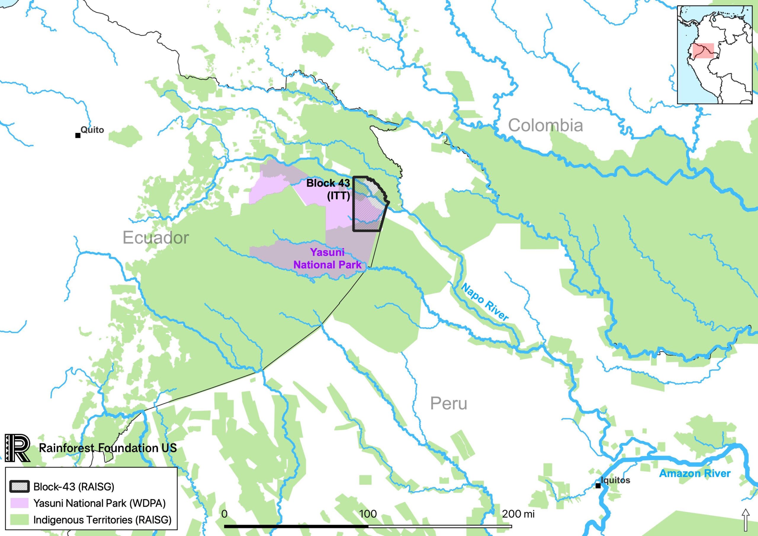 Map showcasing Indigenous territories along the Ecuador-Peru border, with emphasis on oil Block 43, designated as ITT within Yasuní National Park.