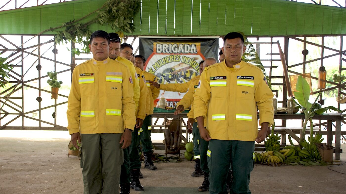 Indigenous fire fighting brigade in Brazil. 