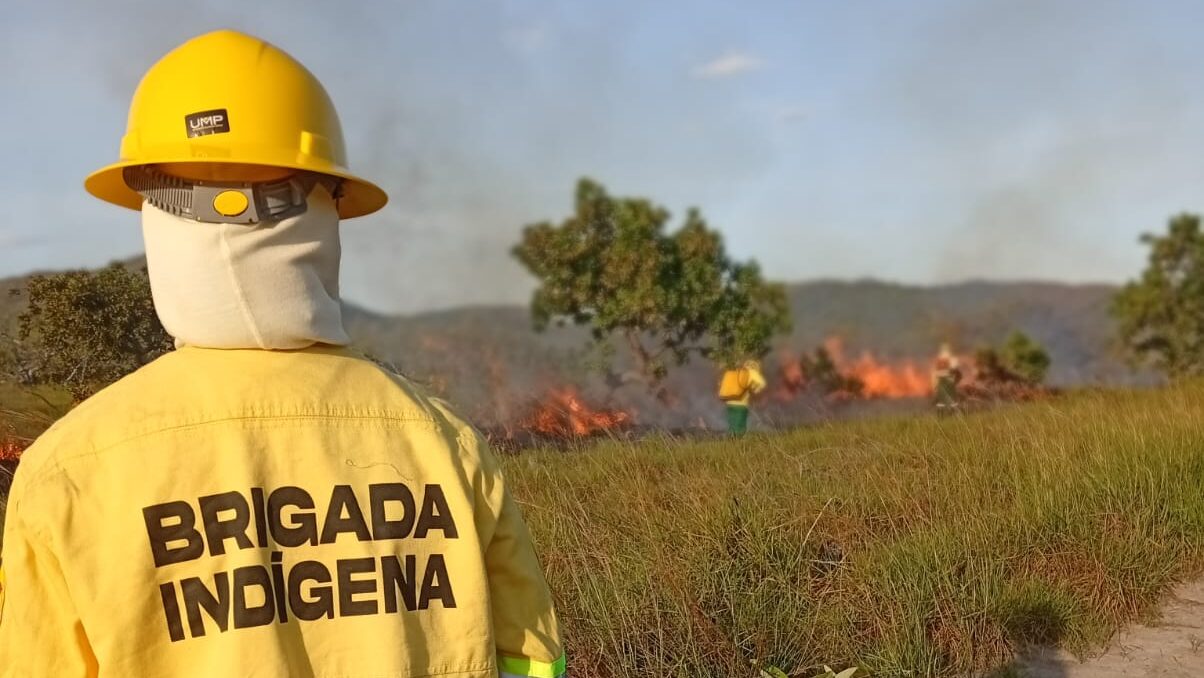 An Indigenous woman firefighter observes a controlled burn in Roraima, Brazilian Amazon.