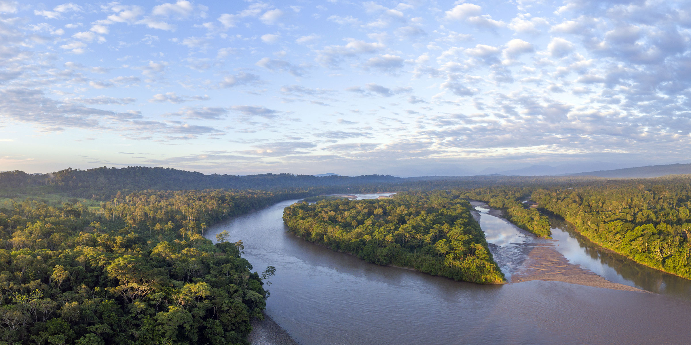 Aerial panorama of the Rio Napo at dawn in the Ecuadorian Amazon