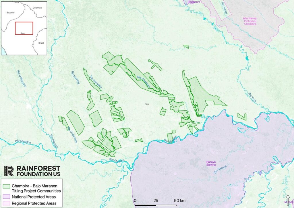 A map of the Chambira - Bajo Marañon region, highlighting the communities that will receive titles to their lands
