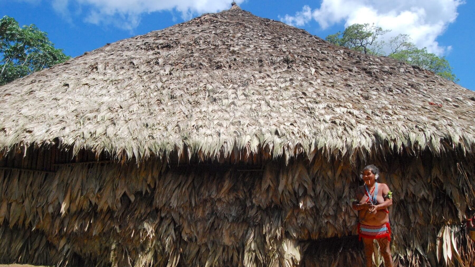 Spring 2026 Newsletter 3 A Yanomami woman stands outside a traditional shabono in Brazil, 2010. IMAGE CREDIT: Suzanne Pelletier / Rainforest Foundation US