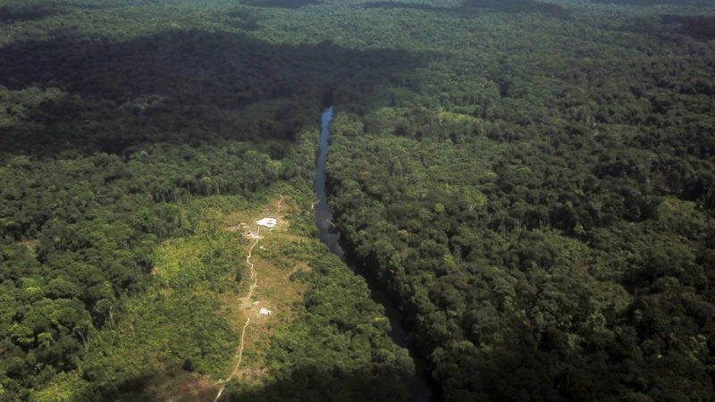 An aerial view of deforestation from mining in the Amazon rainforest