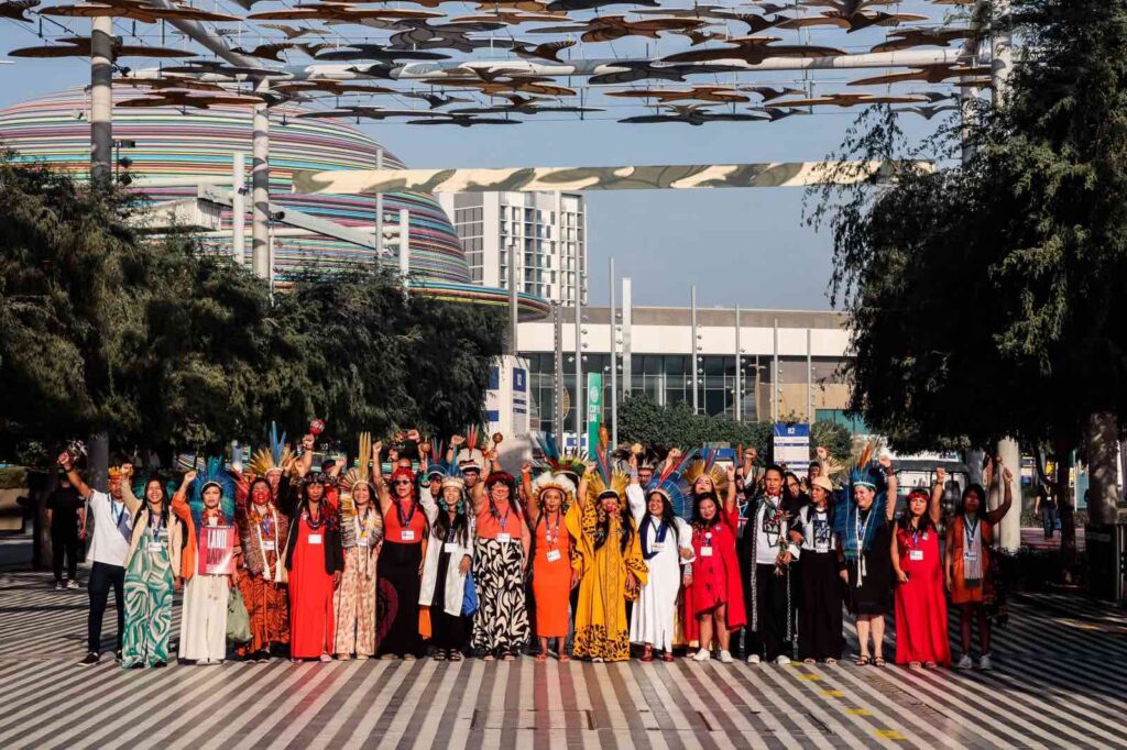 A striking delegation of Indigenous leaders from Brazil, adorned in traditional attire and brandishing vibrant feathers, stands proudly at COP28. Their united front represents a powerful testament to the critical role Indigenous peoples play in leading environmental conservation and climate action efforts.