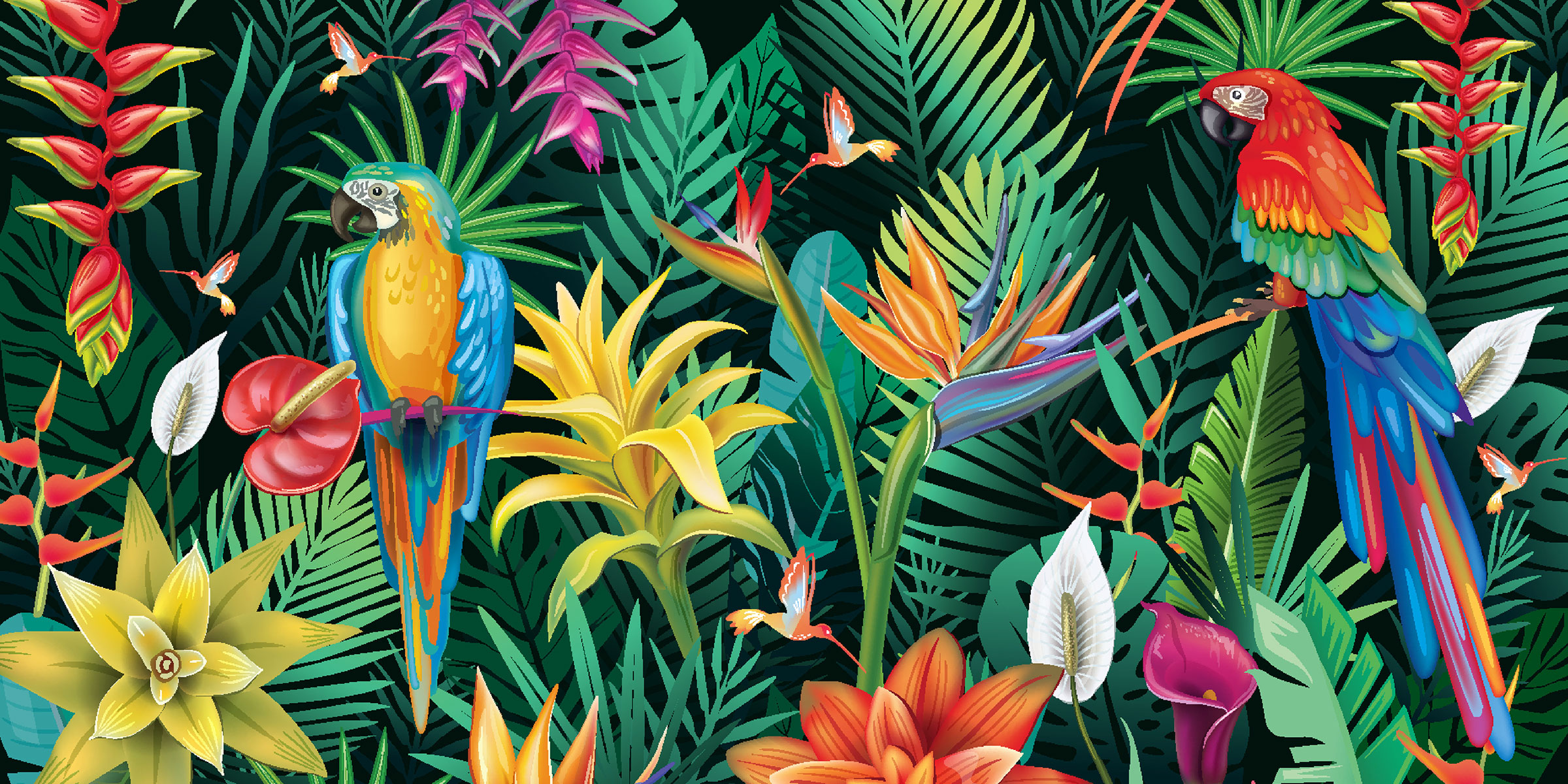 Colorful painting of tropical flowers, leaves, and birds
