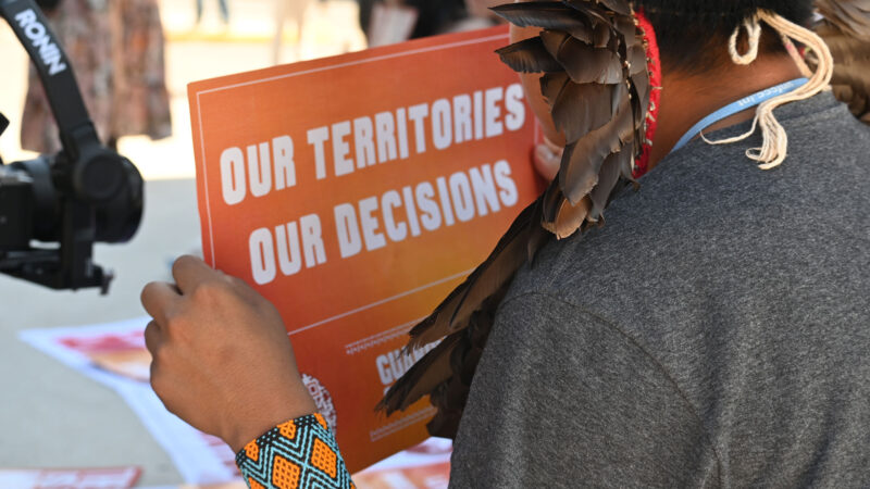 Indigenous person holding a sign that reads “Our territories, our decisions.” 